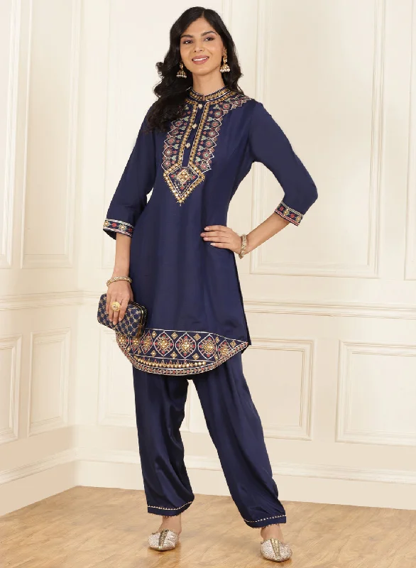 Navy Blue Embroidered Party Wear Kurta Set with Mirror Work