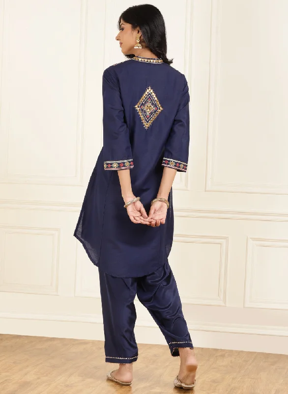 Navy Blue Embroidered Party Wear Kurta Set with Mirror Work