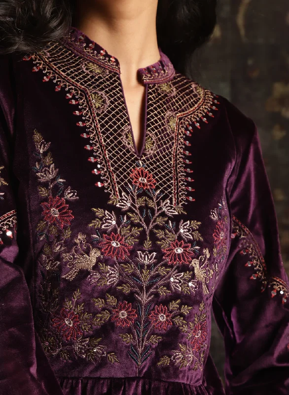 Purple Embroidered Velvet Tunic for Women