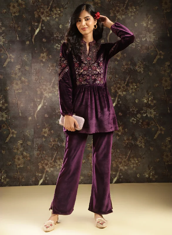 Purple Embroidered Velvet Tunic for Women