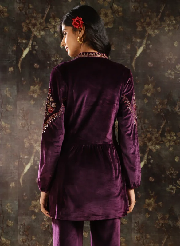 Purple Embroidered Velvet Tunic for Women