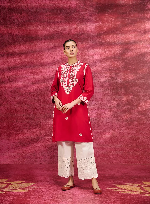 Saadgi Red Embroidered Cotton Linen Tunic for Women