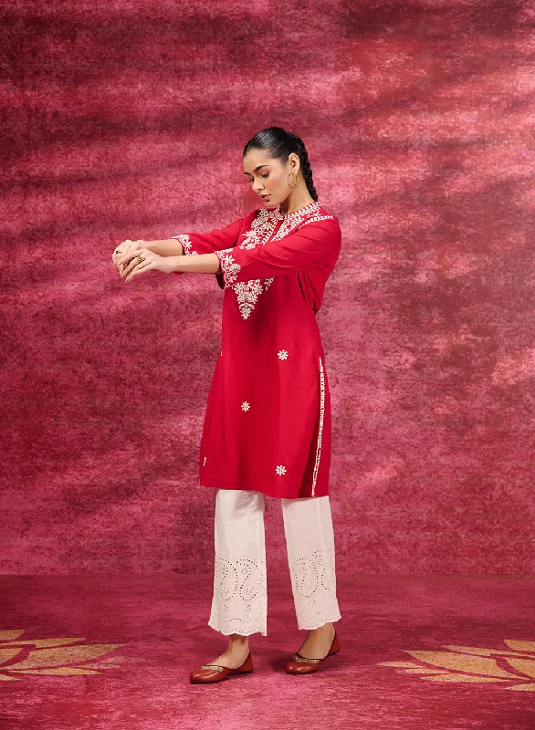 Saadgi Red Embroidered Cotton Linen Tunic for Women