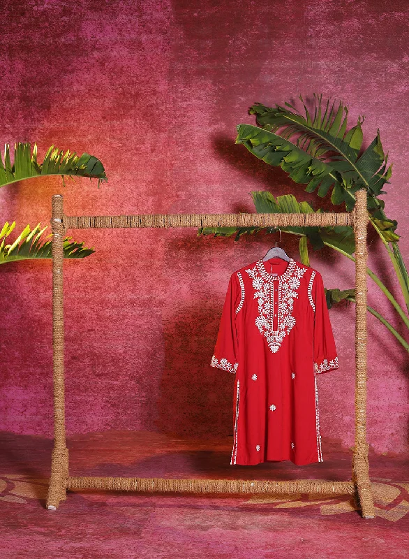 Saadgi Red Embroidered Cotton Linen Tunic for Women