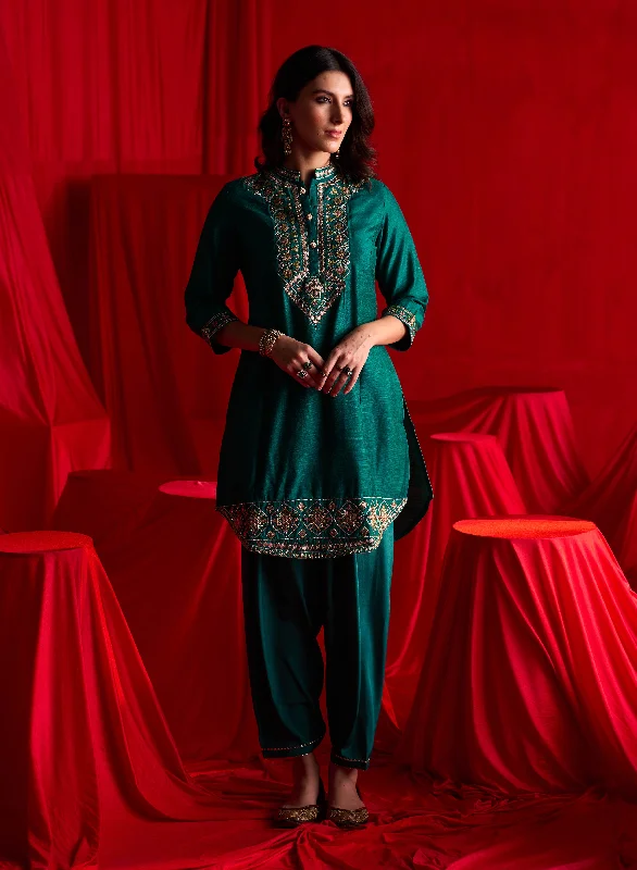 Teal Green Embroidered Party Wear Kurta Set with Mirror Work