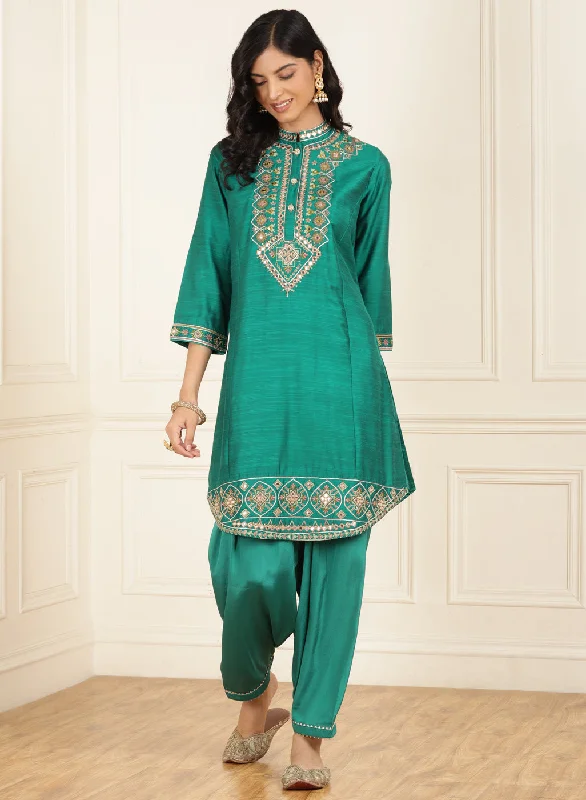 Teal Green Embroidered Party Wear Kurta Set with Mirror Work