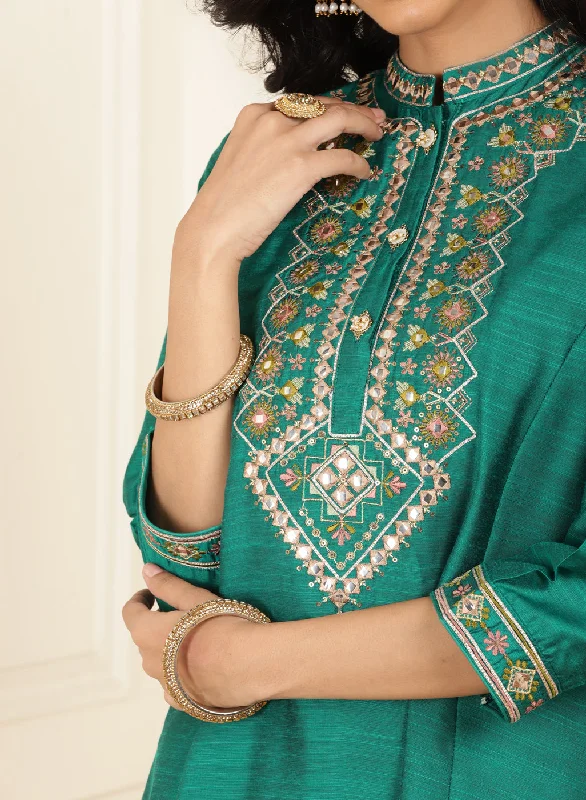 Teal Green Embroidered Party Wear Kurta Set with Mirror Work