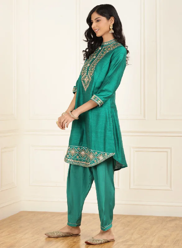 Teal Green Embroidered Party Wear Kurta Set with Mirror Work