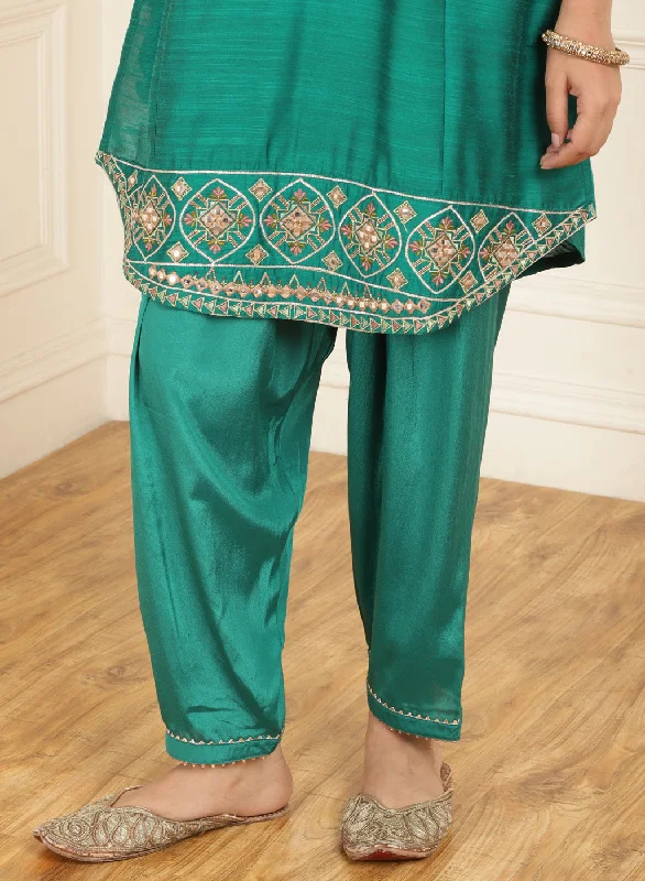 Teal Green Embroidered Party Wear Kurta Set with Mirror Work