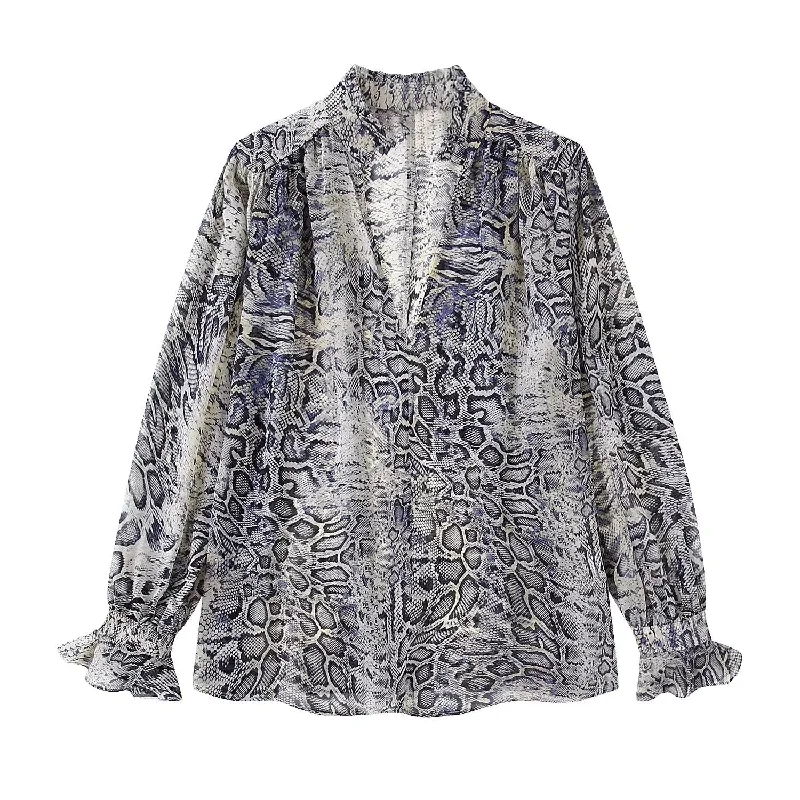 FashionSierra - Animal Printed Long Sleeve V-Neck Blouse