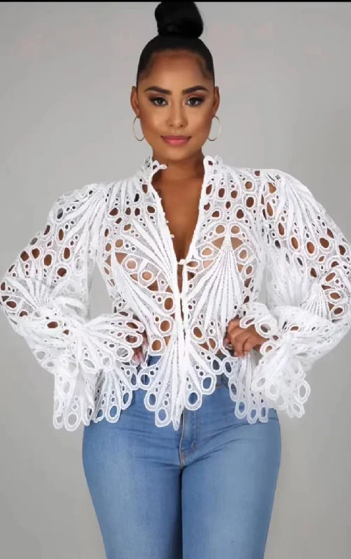 FashionSierra - Elegant Lace See Though Ruffles Lantern Blouse