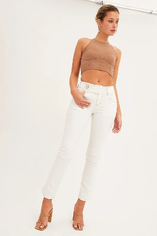 White Low Waist Belted Flared Jeans