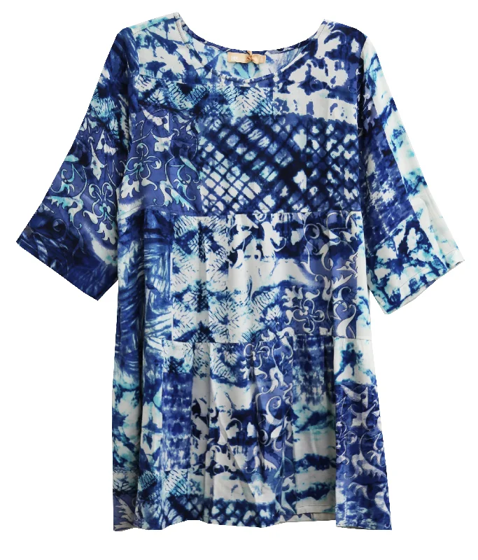 La Cera Plus Size Tiered Batik Print Swing Top