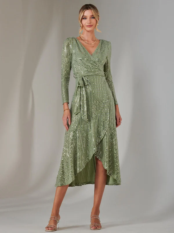 Long Sleeve Metallic Spot Maxi Dress, Green Silver