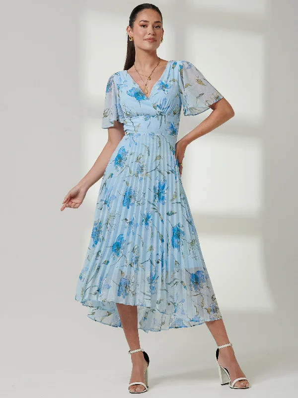 Pleated Dip Hem Chiffon Maxi Dress, Blue Floral