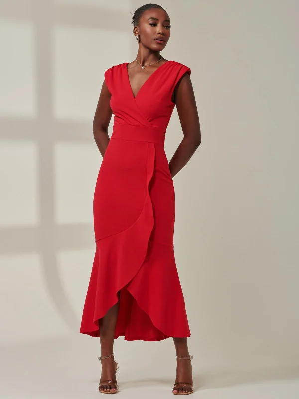 Tara Sleeveless Draped Maxi Dress, Red