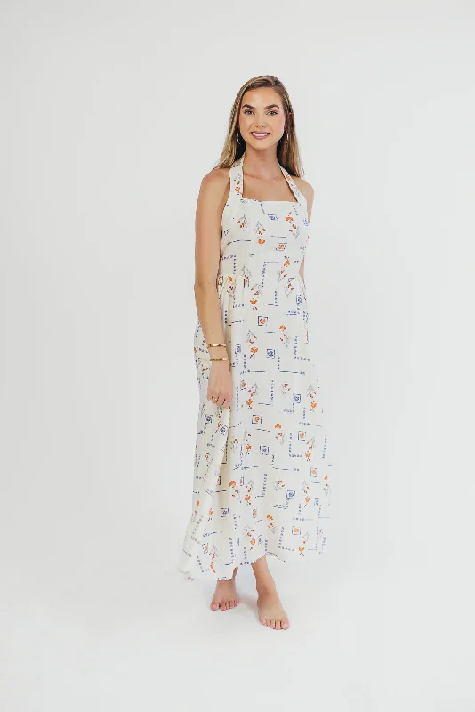 Athens Halter Midi Dress in White/Blue/Orange