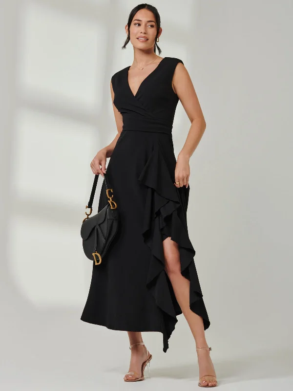 Wrap Front Frill Detail Maxi Dress, Black