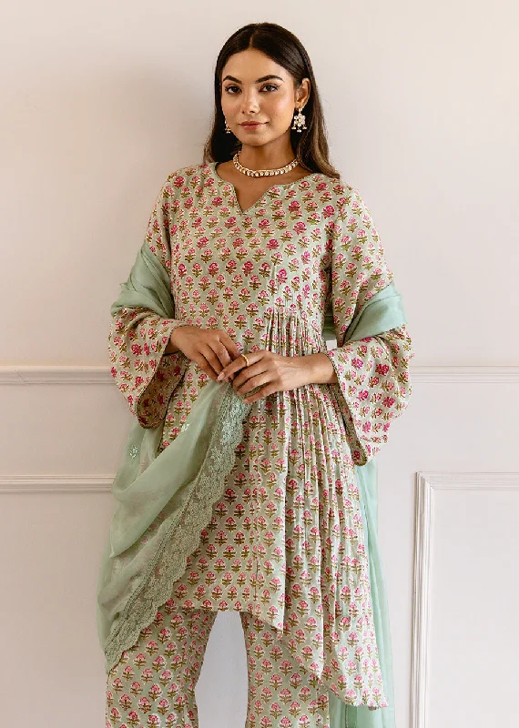 Green Printed Kurta with Flare Pant Set