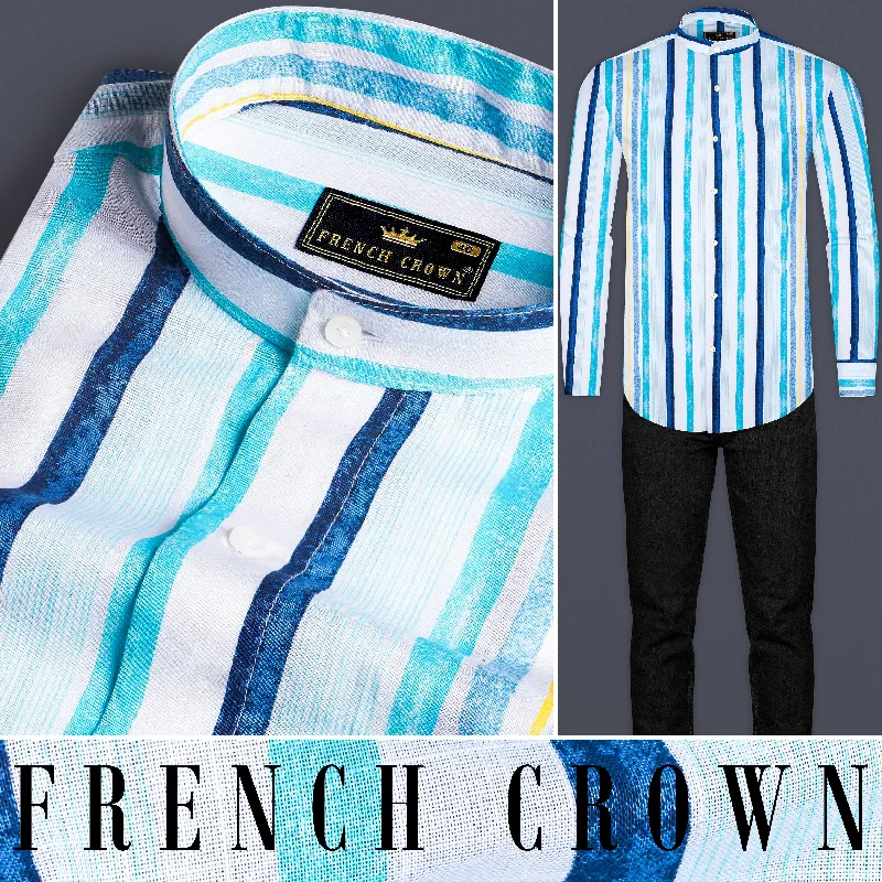 Bright White with Rhino Blue and Blizzard Blue Striped Premium Cotton Shirt