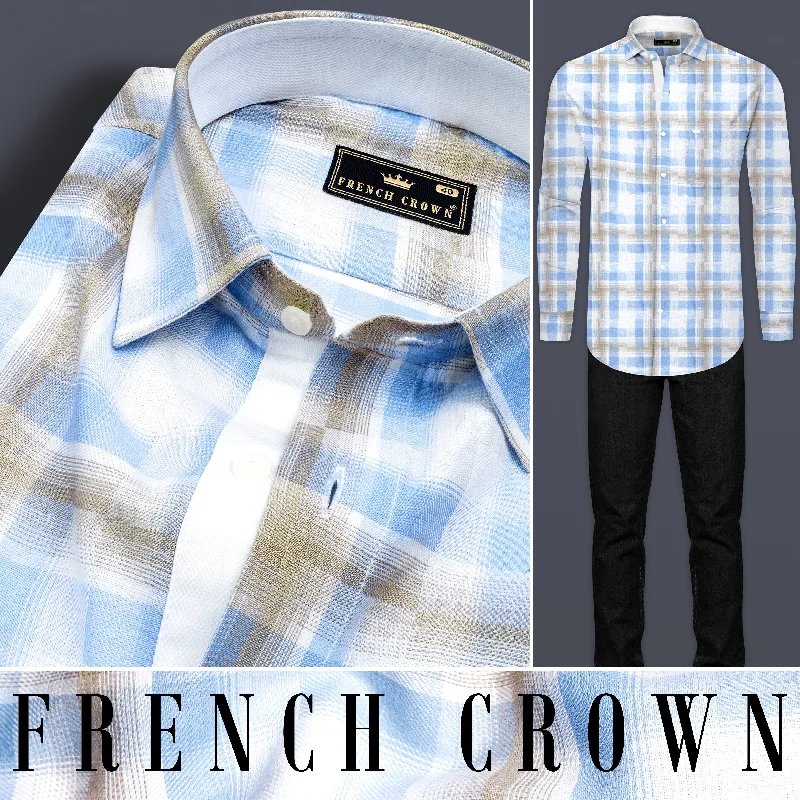 Bright White with sky Blue and Malta Brown Twill Plaid Premium Cotton Shirt