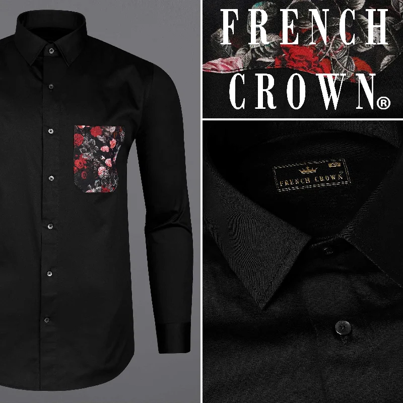 Jade Black with Floral Printed Pocket Super Soft Premium Cotton Designer Shirt