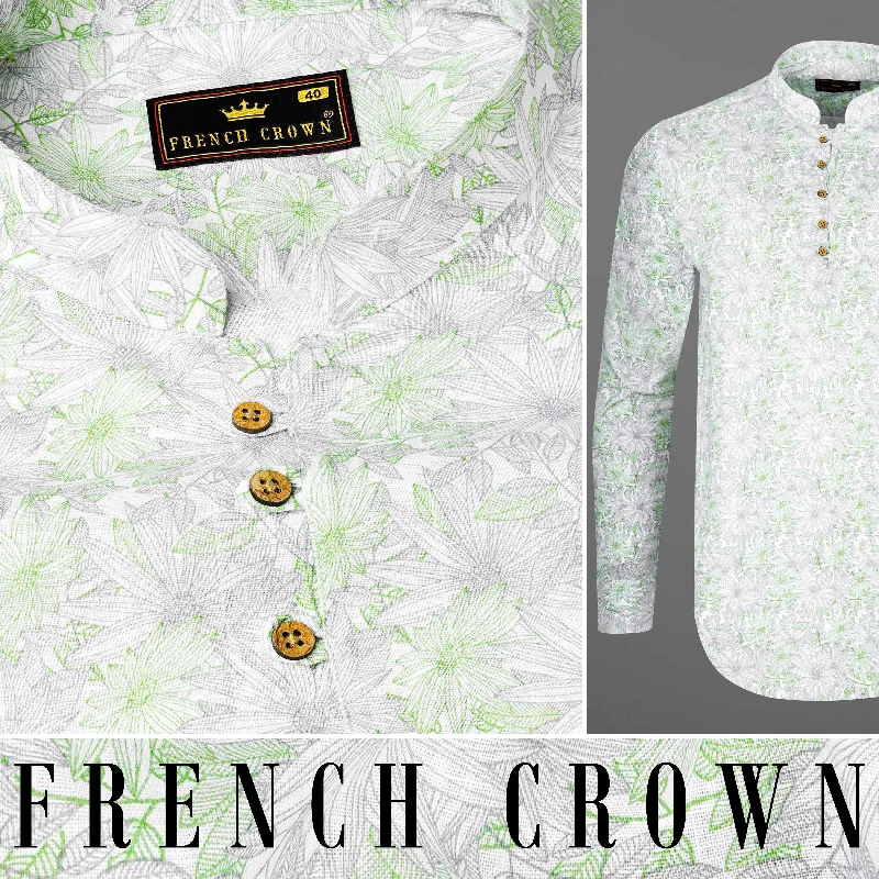 Olivine Green With White Floral Printed Luxurious Linen Kurta Shirt