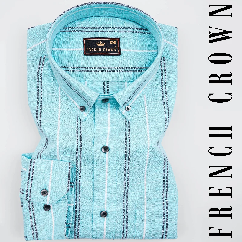 Pale Aqua Blue with Black and White Striped Luxurious Linen Shirt