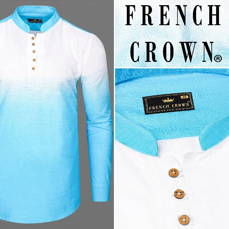 Turquoise Blue with Bright White Luxurious Linen Kurta Shirt